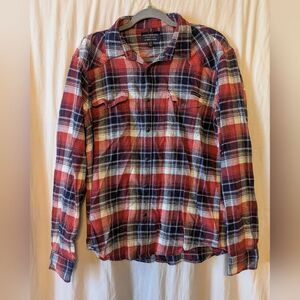 Lucky Brand Red and Navy Plaid Button-Down Shirt